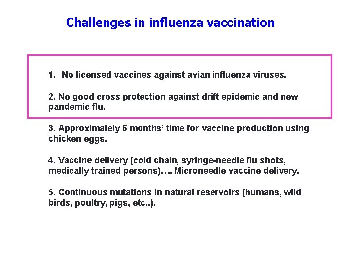 Challenges in influenza vaccination 1. No licensed vaccines against avian influenza viruses. 2. No