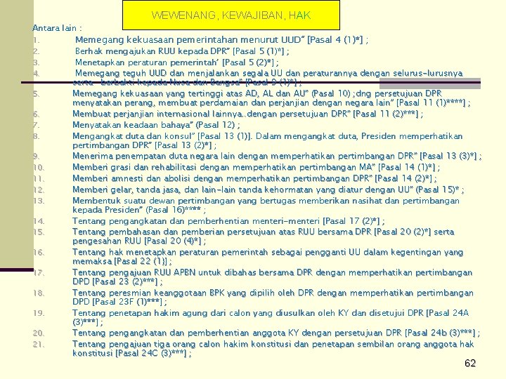 WEWENANG, KEWAJIBAN, HAK Antara lain : 1. 2. 3. 4. 5. 6. 7. 8.