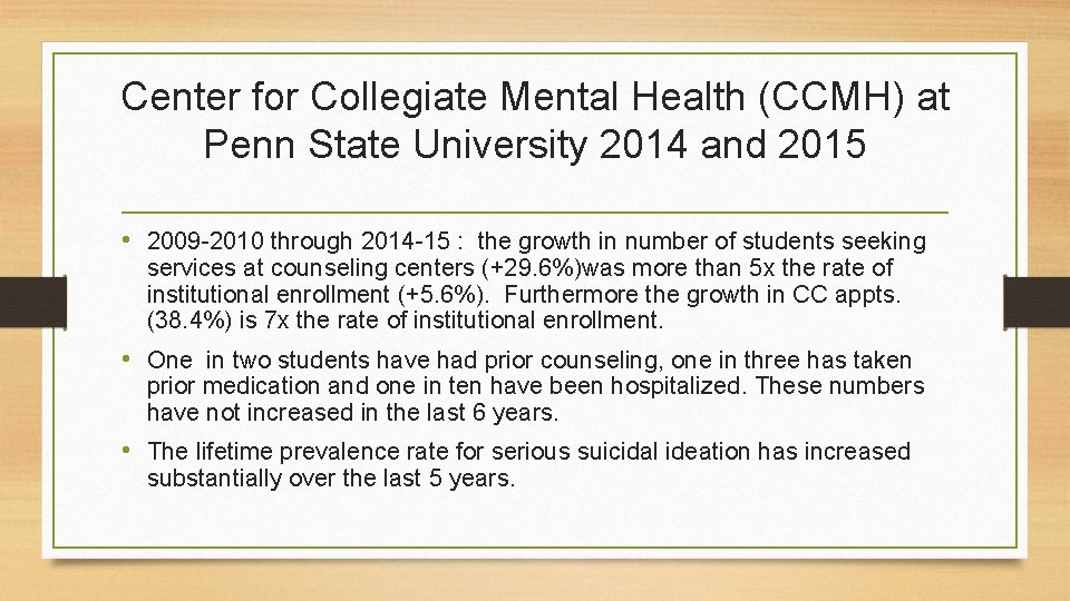 Center for Collegiate Mental Health (CCMH) at Penn State University 2014 and 2015 •