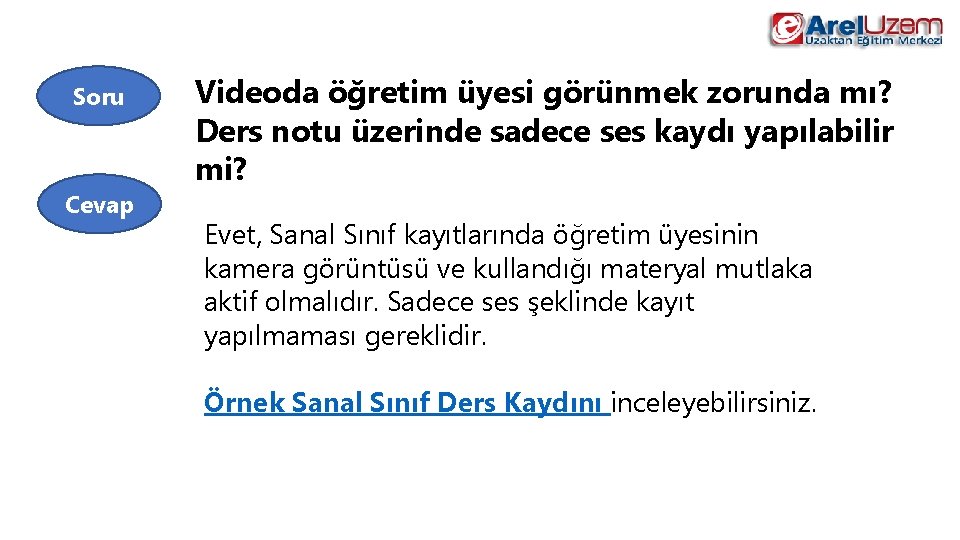 Soru Cevap Videoda öğretim üyesi görünmek zorunda mı? Ders notu üzerinde sadece ses kaydı