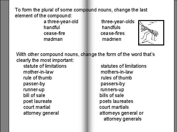 To form the plural of some compound nouns, change the last element of the