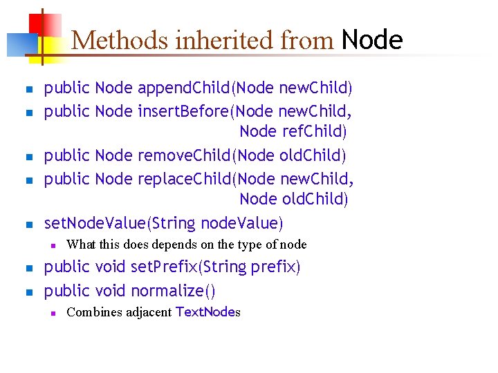 Methods inherited from Node n n n public Node append. Child(Node new. Child) public