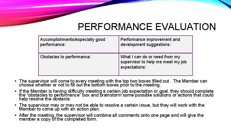 PERFORMANCE EVALUATION Accomplishments/especially good performance: Performance improvement and development suggestions: Obstacles to performance: What