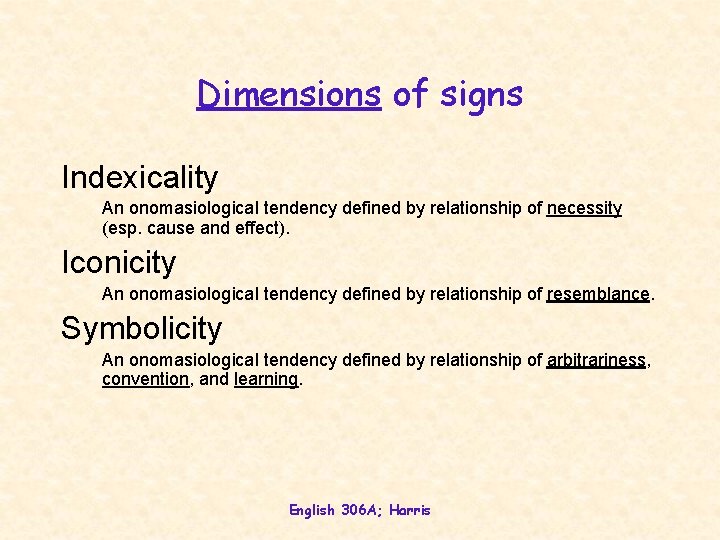 Dimensions of signs Indexicality An onomasiological tendency defined by relationship of necessity (esp. cause
