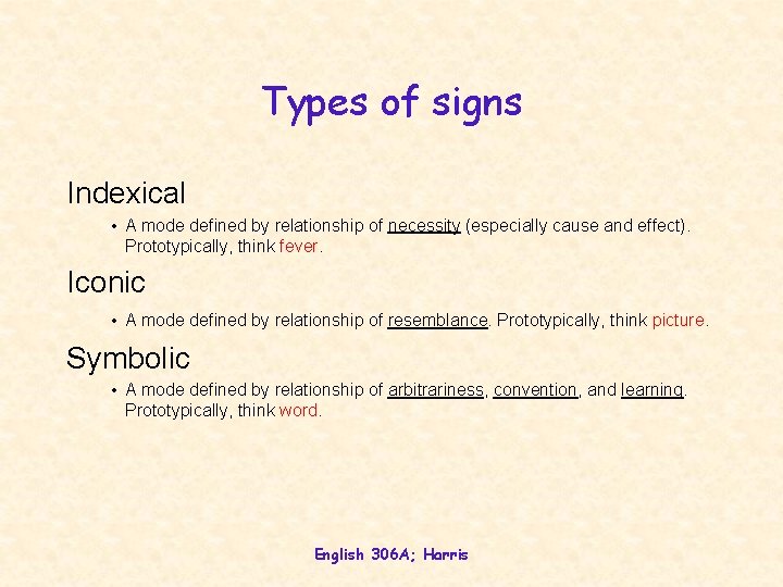 Types of signs Indexical • A mode defined by relationship of necessity (especially cause