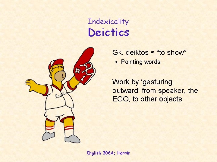 Indexicality Deictics Gk. deiktos ≈ “to show” • Pointing words Work by ‘gesturing outward’