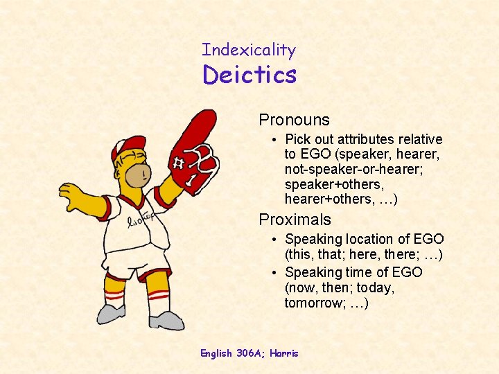 Indexicality Deictics Pronouns • Pick out attributes relative to EGO (speaker, hearer, not-speaker-or-hearer; speaker+others,