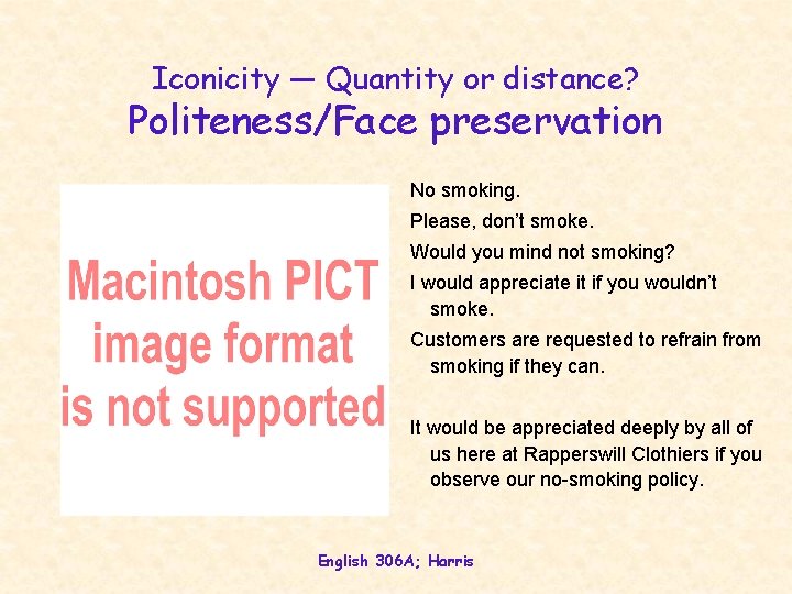 Iconicity — Quantity or distance? Politeness/Face preservation No smoking. Please, don’t smoke. Would you