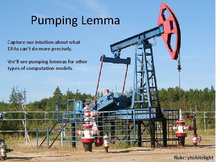 Pumping Lemma Capture our intuition about what DFAs can’t do more precisely. We’ll see