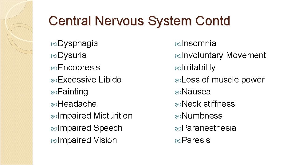 Central Nervous System Contd Dysphagia Insomnia Dysuria Involuntary Encopresis Irritability Excessive Loss Libido Fainting