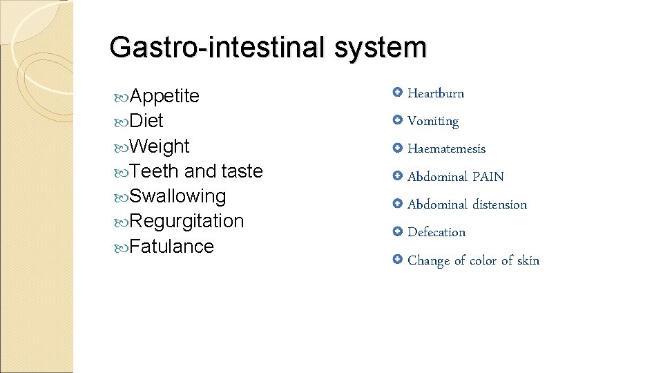 Gastro-intestinal system Appetite Diet Weight Teeth and taste Swallowing Regurgitation Fatulance Heartburn Vomiting Haematemesis