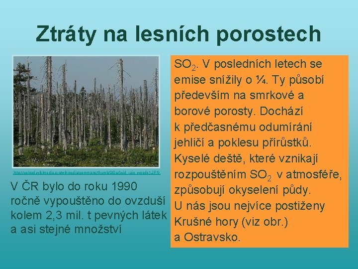 Ztráty na lesních porostech SO 2. V posledních letech se emise snížily o ¼.