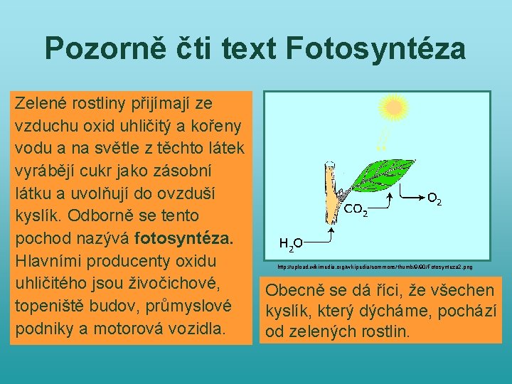 Pozorně čti text Fotosyntéza Zelené rostliny přijímají ze vzduchu oxid uhličitý a kořeny vodu
