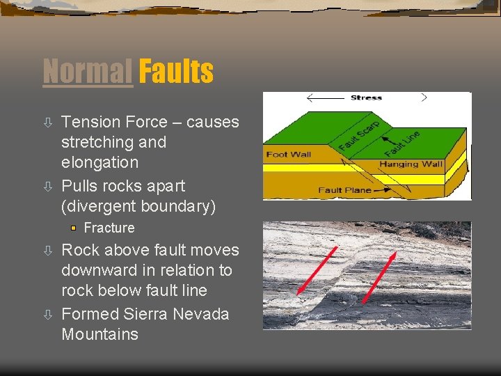 Normal Faults Tension Force – causes stretching and elongation ò Pulls rocks apart (divergent