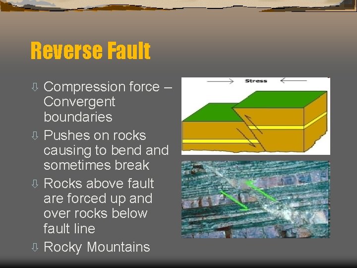 Reverse Fault Compression force – Convergent boundaries ò Pushes on rocks causing to bend