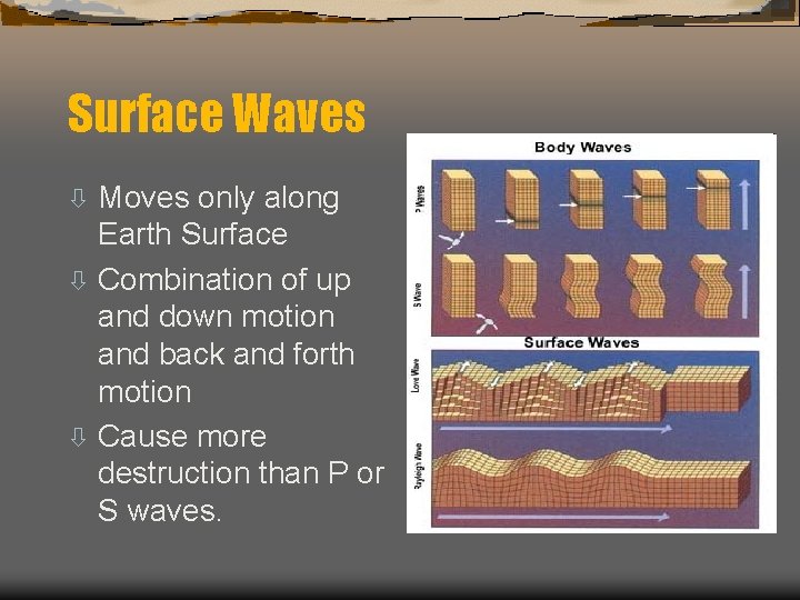 Surface Waves Moves only along Earth Surface ò Combination of up and down motion