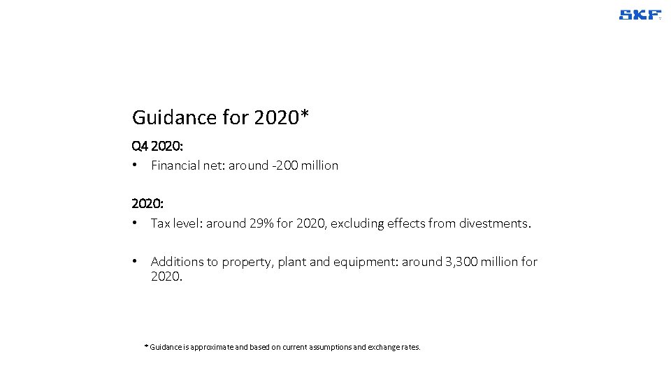 Guidance for 2020* Q 4 2020: • Financial net: around -200 million 2020: •