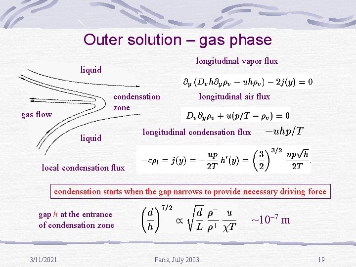 Outer solution – gas phase longitudinal vapor flux liquid condensation zone gas flow liquid