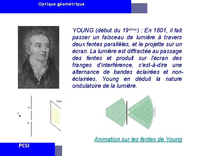 Optique géométrique YOUNG (début du 19 ième) : En 1801, il fait passer un