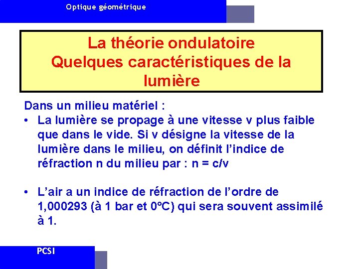 Optique géométrique La théorie ondulatoire Quelques caractéristiques de la lumière Dans un milieu matériel