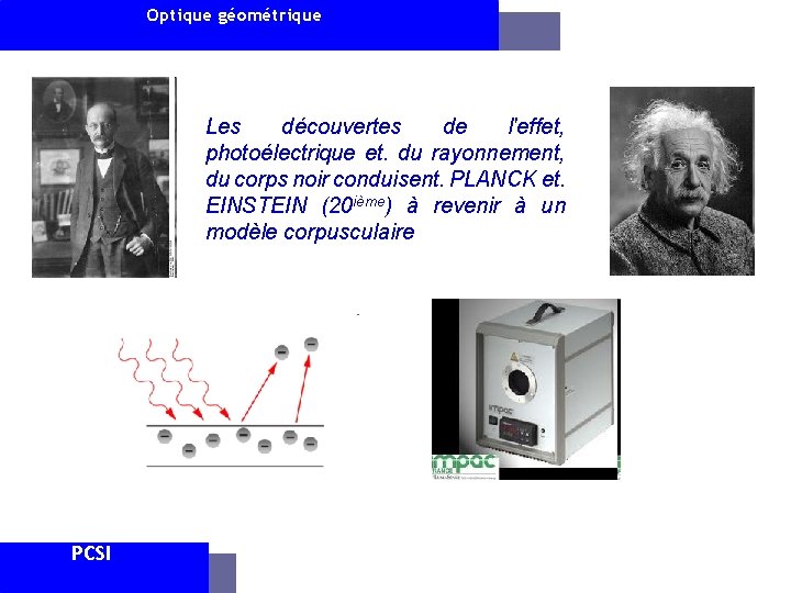 Optique géométrique Les découvertes de l'effet, photoélectrique et. du rayonnement, du corps noir conduisent.