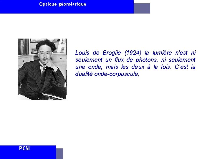 Optique géométrique Louis de Broglie (1924) la lumière n’est ni seulement un flux de