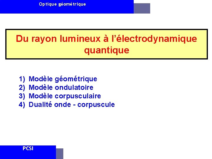 Optique géométrique Du rayon lumineux à l’électrodynamique quantique 1) 2) 3) 4) Modèle géométrique