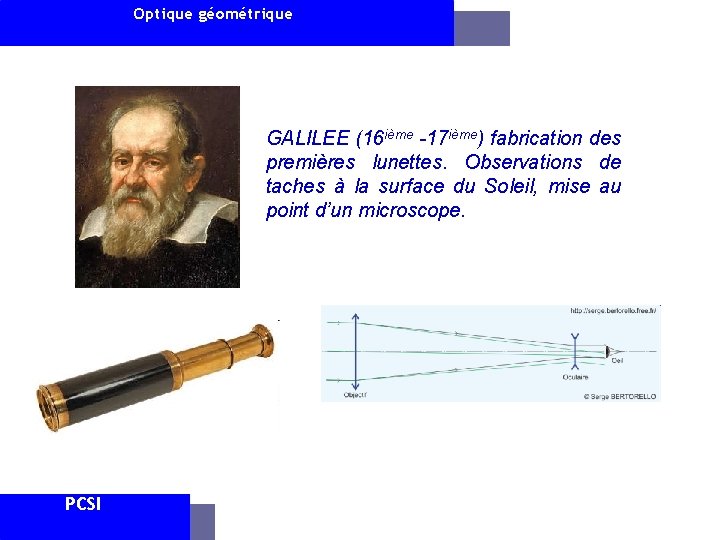 Optique géométrique GALILEE (16 ième -17 ième) fabrication des premières lunettes. Observations de taches