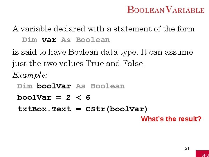 BOOLEAN VARIABLE A variable declared with a statement of the form Dim var As BOOLEAN VARIABLE A variable declared with a statement of the form Dim var As