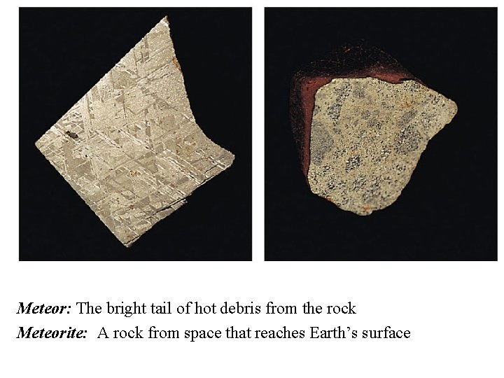 Meteor: The bright tail of hot debris from the rock Meteorite: A rock from