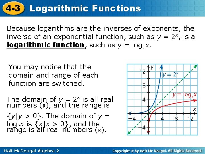 4 -3 Logarithmic Functions Because logarithms are the inverses of exponents, the inverse of