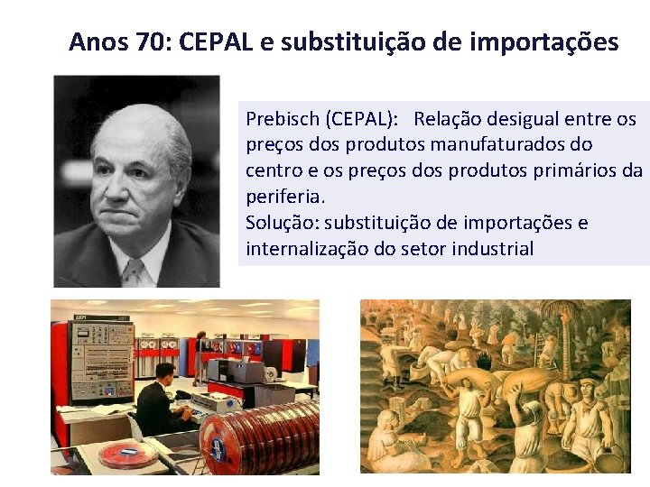 Anos 70: CEPAL e substituição de importações Prebisch (CEPAL): Relação desigual entre os preços