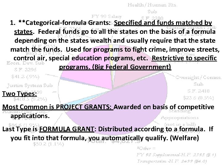 1. **Categorical-formula Grants: Specified and funds matched by states. Federal funds go to all 1. **Categorical-formula Grants: Specified and funds matched by states. Federal funds go to all