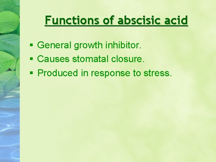 Functions of abscisic acid General growth inhibitor. Causes stomatal closure. Produced in response to