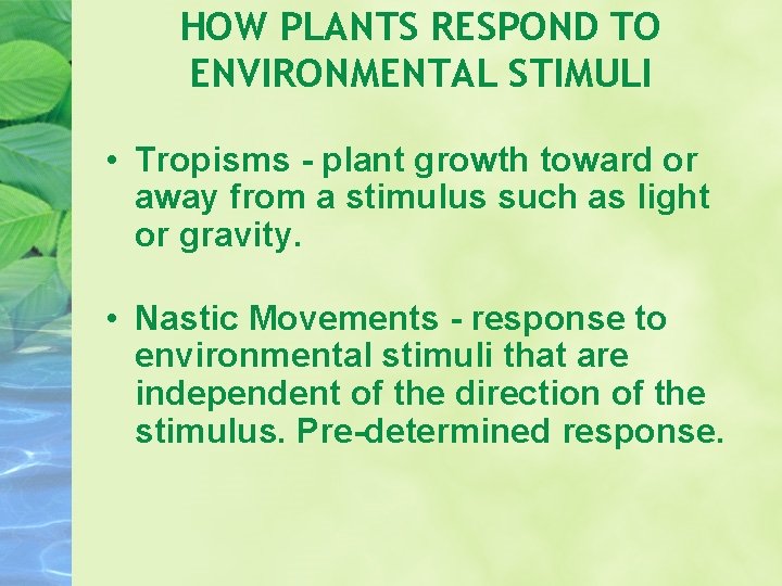 HOW PLANTS RESPOND TO ENVIRONMENTAL STIMULI • Tropisms - plant growth toward or away