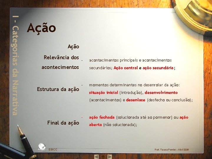 I - Categorias da Narrativa Ação Relevância dos ‐ acontecimentos Estrutura da ação ‐