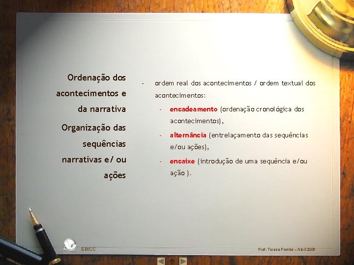 Ordenação dos acontecimentos e da narrativa Organização das sequências narrativas e/ ou ações EBICC
