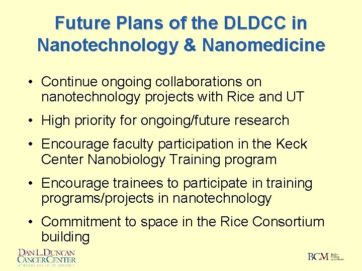 Future Plans of the DLDCC in Nanotechnology & Nanomedicine • Continue ongoing collaborations on