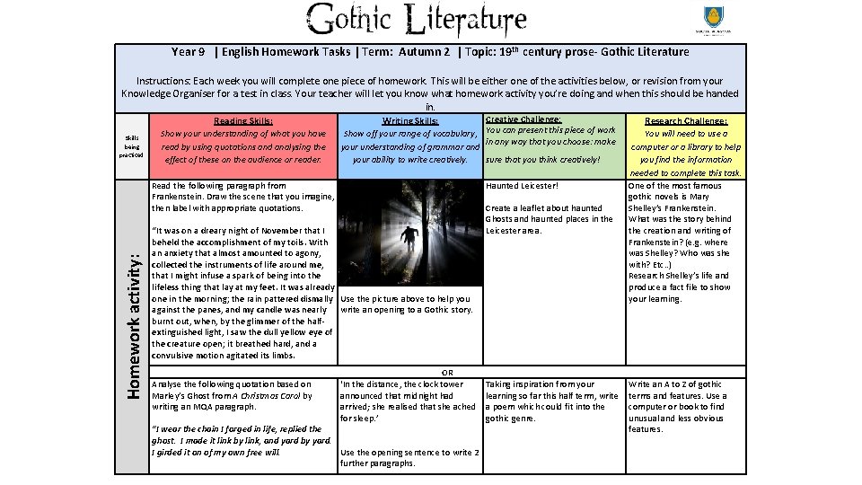 Year 9 | English Homework Tasks | Term: Autumn 2 | Topic: 19 th