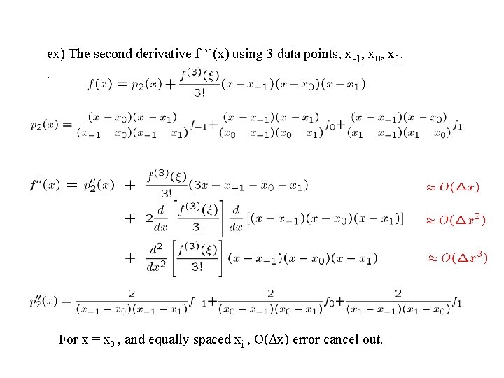 ex) The second derivative f ’’(x) using 3 data points, x-1, x 0, x