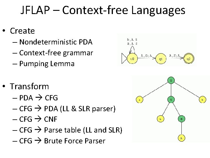 JFLAP – Context-free Languages • Create – Nondeterministic PDA – Context-free grammar – Pumping