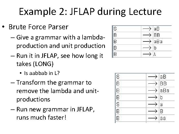 Example 2: JFLAP during Lecture • Brute Force Parser – Give a grammar with