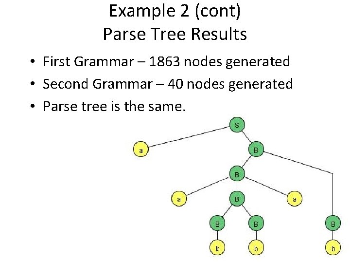 Example 2 (cont) Parse Tree Results • First Grammar – 1863 nodes generated •