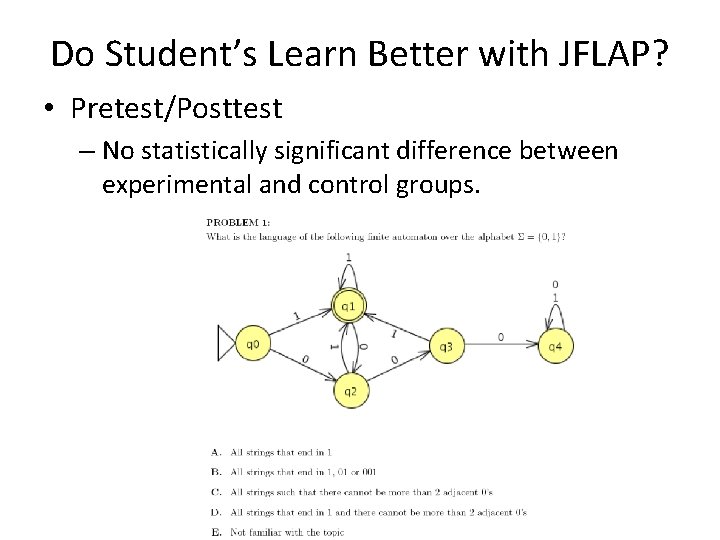 Do Student’s Learn Better with JFLAP? • Pretest/Posttest – No statistically significant difference between