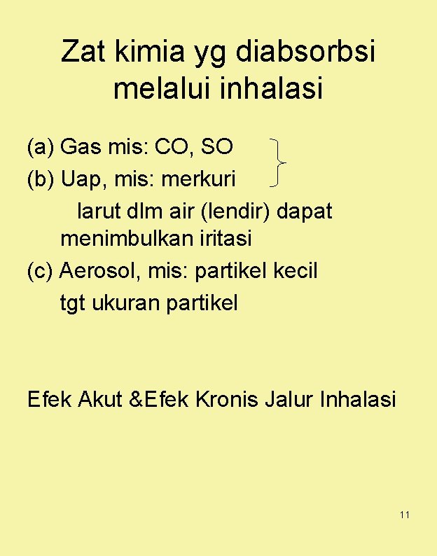 Zat kimia yg diabsorbsi melalui inhalasi (a) Gas mis: CO, SO (b) Uap, mis: