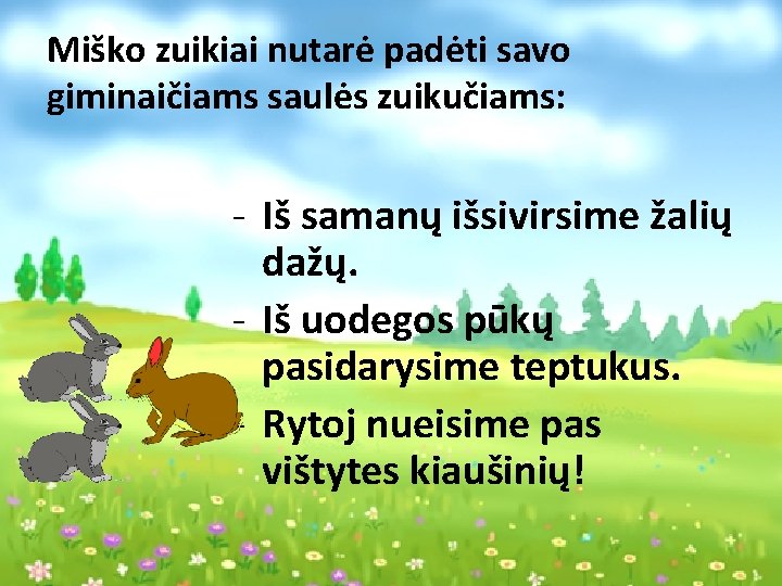 Miško zuikiai nutarė padėti savo giminaičiams saulės zuikučiams: - Iš samanų išsivirsime žalių dažų.