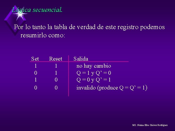 Lógica secuencial. Por lo tanto la tabla de verdad de este registro podemos resumirlo Lógica secuencial. Por lo tanto la tabla de verdad de este registro podemos resumirlo