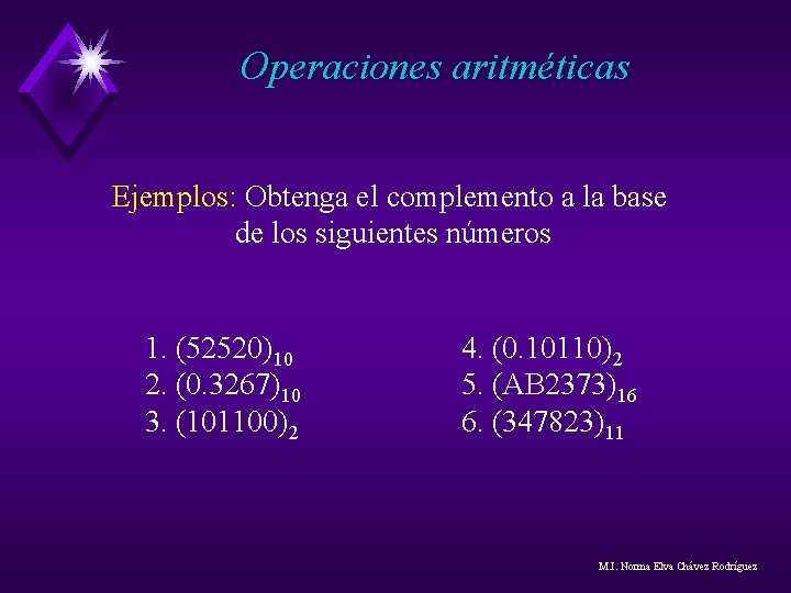 Operaciones aritméticas Ejemplos: Obtenga el complemento a la base de los siguientes números 1. Operaciones aritméticas Ejemplos: Obtenga el complemento a la base de los siguientes números 1.