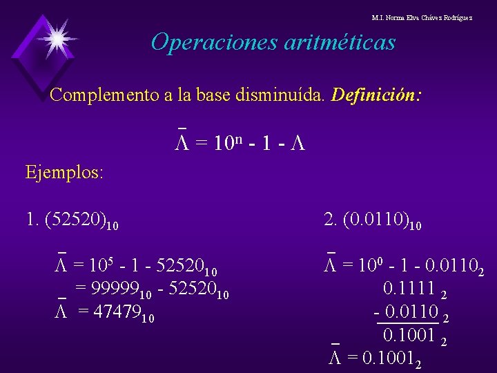 M. I. Norma Elva Chávez Rodríguez Operaciones aritméticas Complemento a la base disminuída. Definición: M. I. Norma Elva Chávez Rodríguez Operaciones aritméticas Complemento a la base disminuída. Definición:
