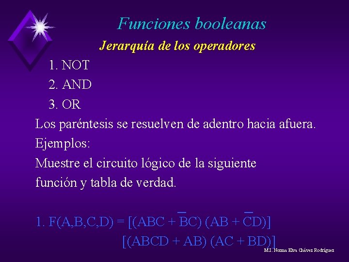 Funciones booleanas Jerarquía de los operadores 1. NOT 2. AND 3. OR Los paréntesis Funciones booleanas Jerarquía de los operadores 1. NOT 2. AND 3. OR Los paréntesis